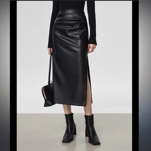 Commense Black Faux Leather Ruched Slit Midi Skirt High Waist Edgy Chic, M